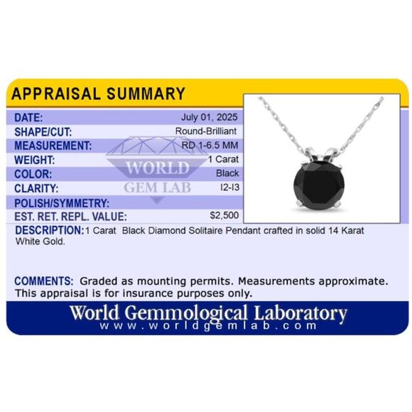 1ct Black Diamond Solitaire Pendant | 14K White Gold | Gift Box Appraisal Card - Picture 5 of 5
